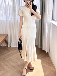 White Hollow Knitted Dress Women 2024 Summer Temperament Short Sleeve Elegant Slim Bodycon Party Dress