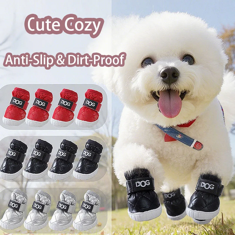 4 Pcs/Set Waterproof Dog Shoes Winter Warm Anti-Slip Pet Boots For Small Dogs Outdoor Snow Puppy Booties Dog Shoes