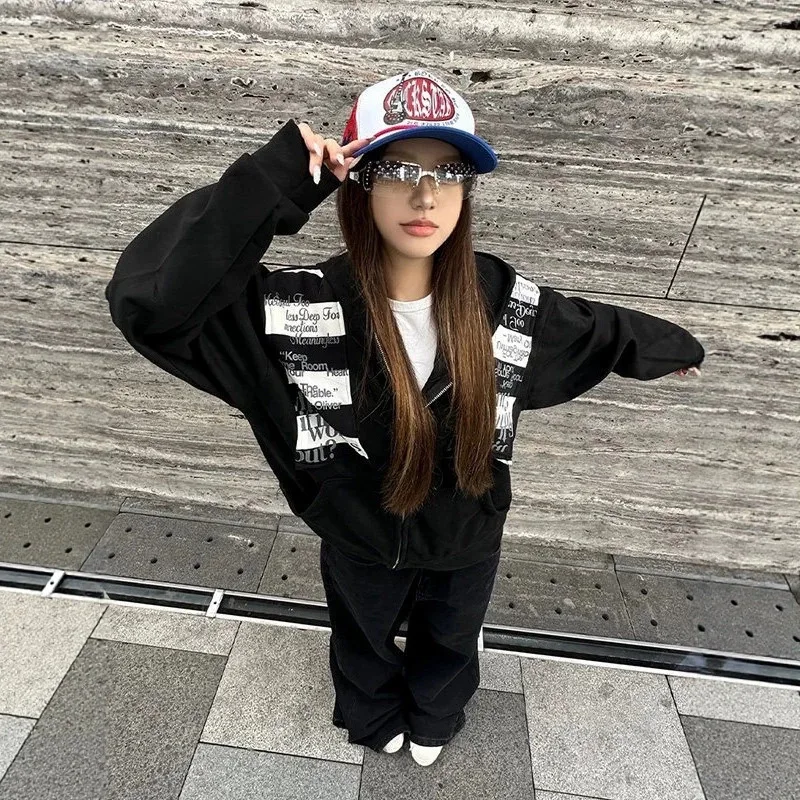 Y2K American Vintage Zip Up Hoodie Women Letter Patch Graphic Print Oversized Loose Fit Coat Chic Casual Streetwear Outerwear