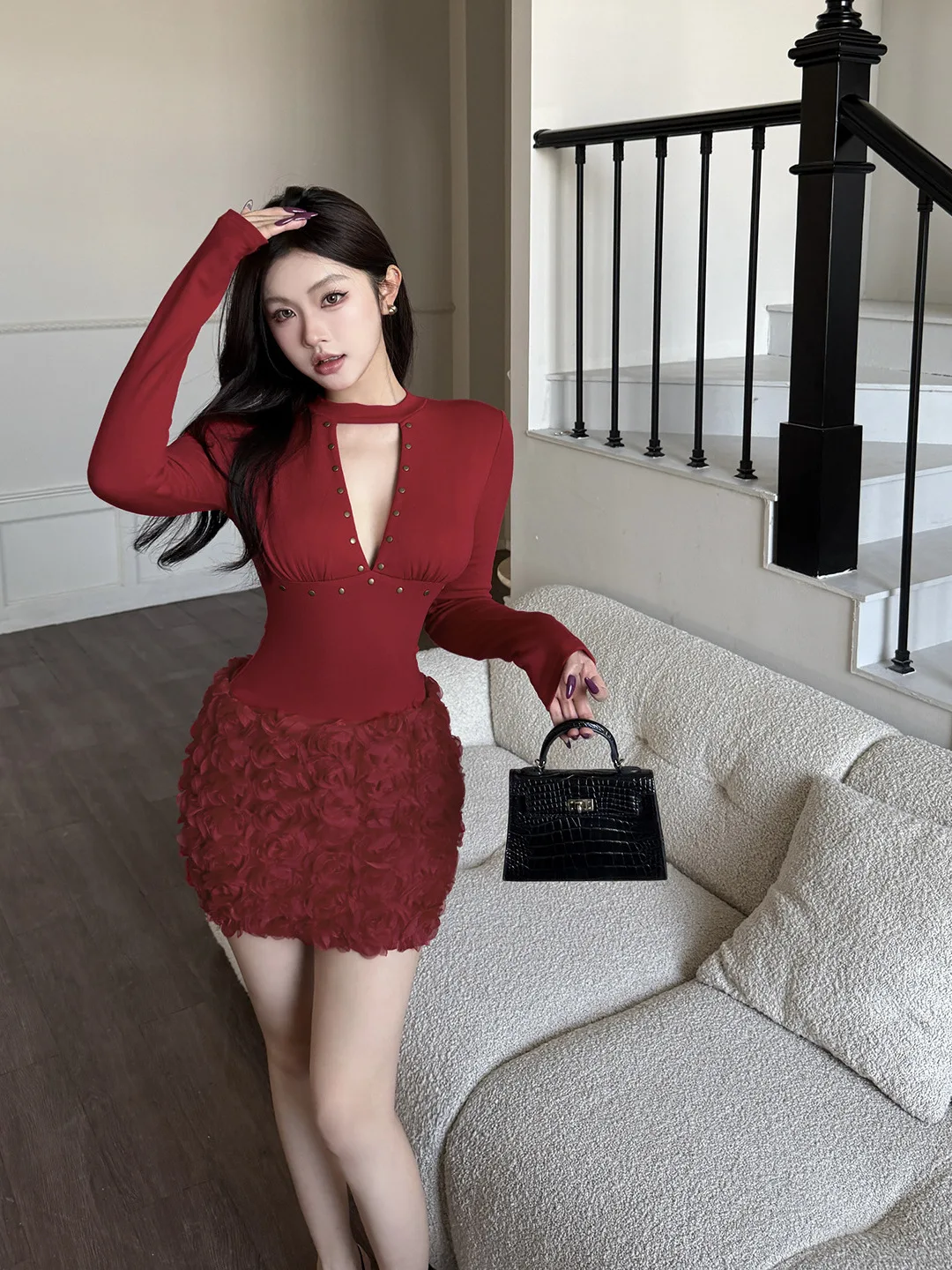 Frauen Retro Weihnachten Rot Party Kleid Rose Perlen Ausschnitt Bodycon Mini Design Luxus Abend Wesentliche Party Prom Vestidos Robe