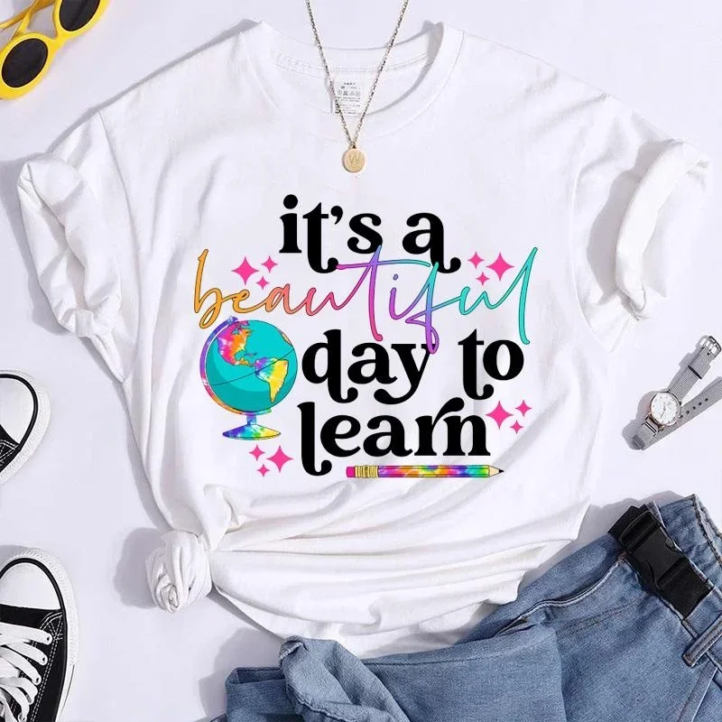 It\'s A Beautiful Day To Learn T-Shirts Summer Casual Round Neck Comfy Short Sleeve Shirt Teacher Appreciation Week Tees