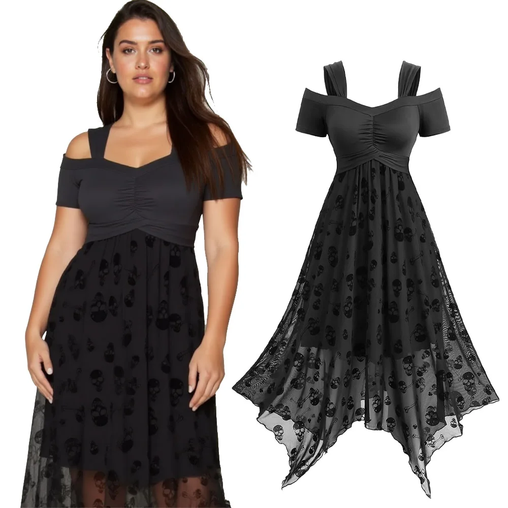 

Gothic Ruched Skulls Flocking Mesh Asymmetrical Cold Shoulder Dress Women's Spring Summer Casual Short Sleeves Dress Black