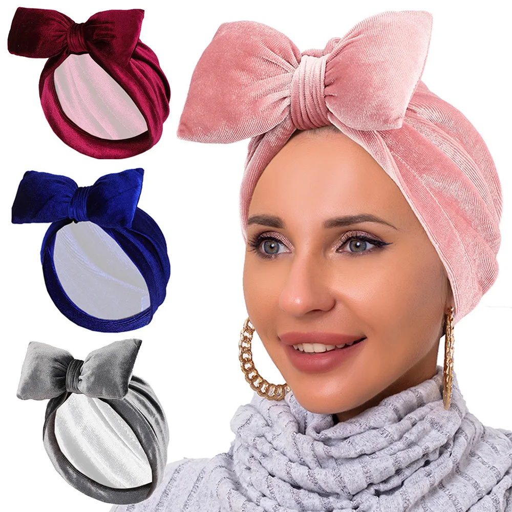 Hiver arc velours Turban femmes musulman Hijab bonnets Bonnet Cancer chimio casquette Islam foulard perte de cheveux tête enveloppement Turbante Mujer