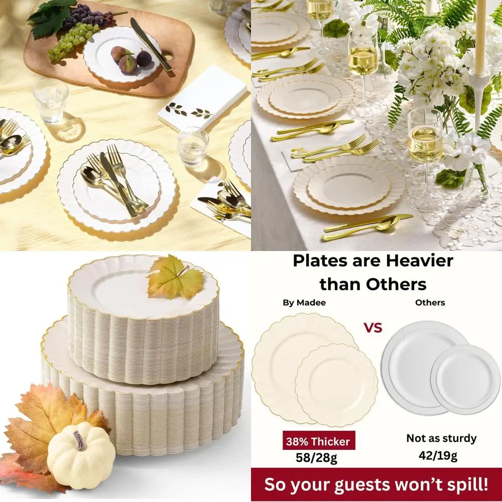 

Ivory Gold-Trimmed Plastic Plates, 100-Count, for Weddings and Special Events (50 Dinner & 50 Dessert)