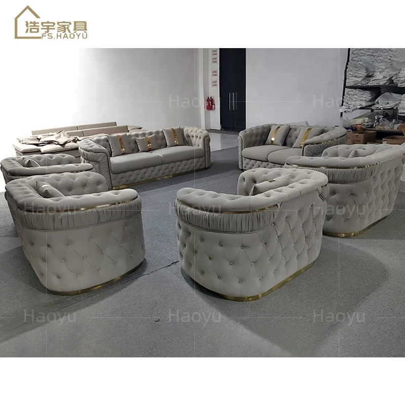 European Luxur=y Rose  Le=g White Chesterfield Sofa Velvet Fabric Button Tufted Loung=e Sofa Set Furniture Living Room Couch