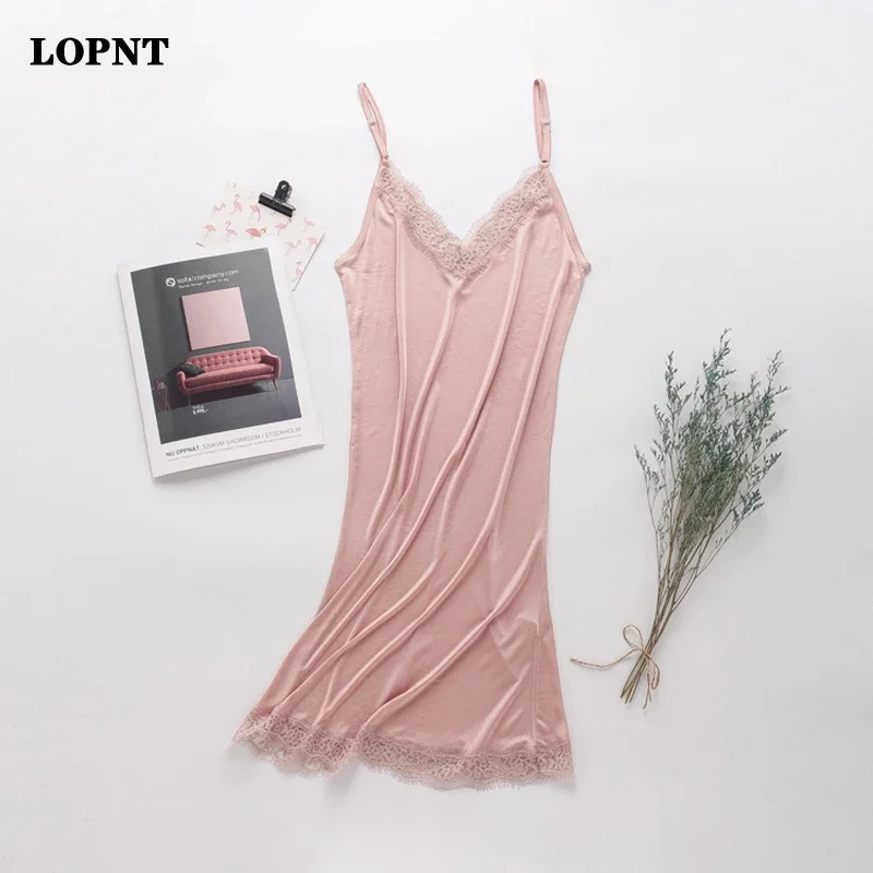 LOPNT Silk Loose V Collar Lace Camisole Women\'s Sleepwear Sexy Silk Pajama V-Neck Pyjamas Sleeveless Night Dress Suspender Skirt