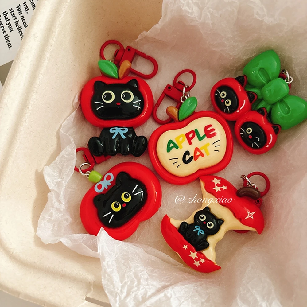 Cute Apple Black Cat Keychain Cartoon Resin Bag Charm Mini Key Ring Aesthetic Backpack Pendant Holiday Gift For Girls Women