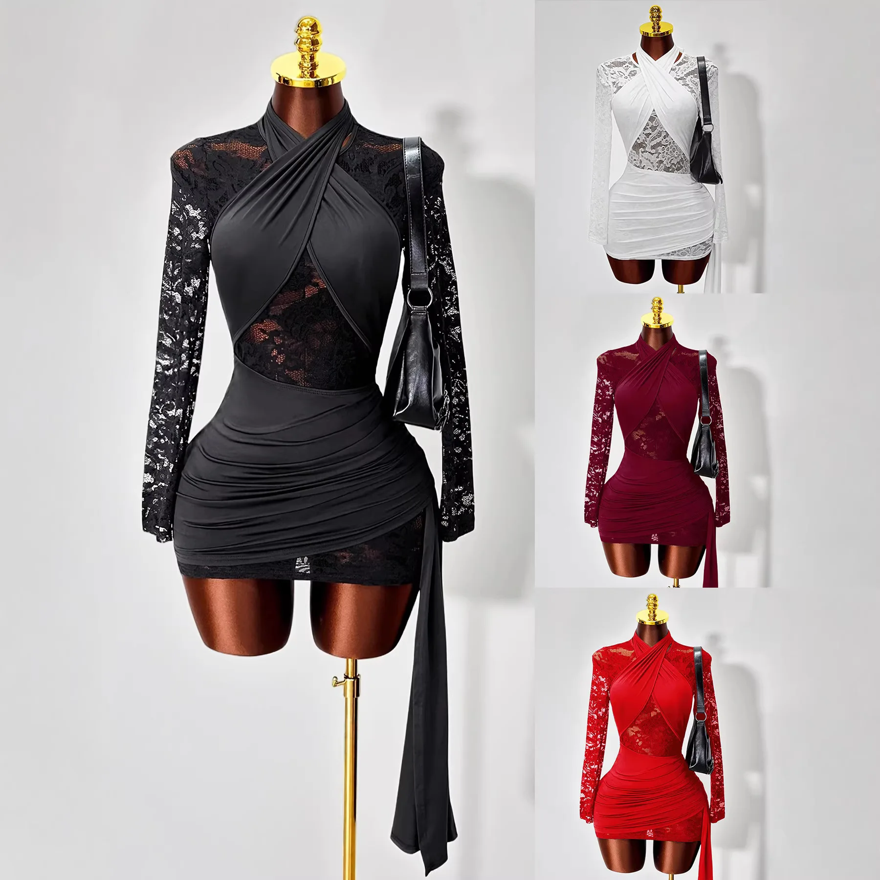 

Solid Color Bodycon Dress 2026 Semi High Neck Knit with Lace Detail Sexy Long Dress for Women Party Night Out