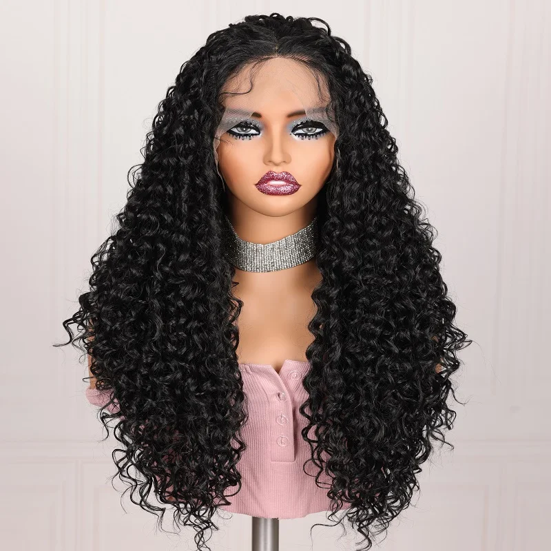 

Glueless 180%Density Black 26Inch Long Kinky Curly Lace Front Wig For Women With Baby Hair Synthetic Preplucked Daily Wear