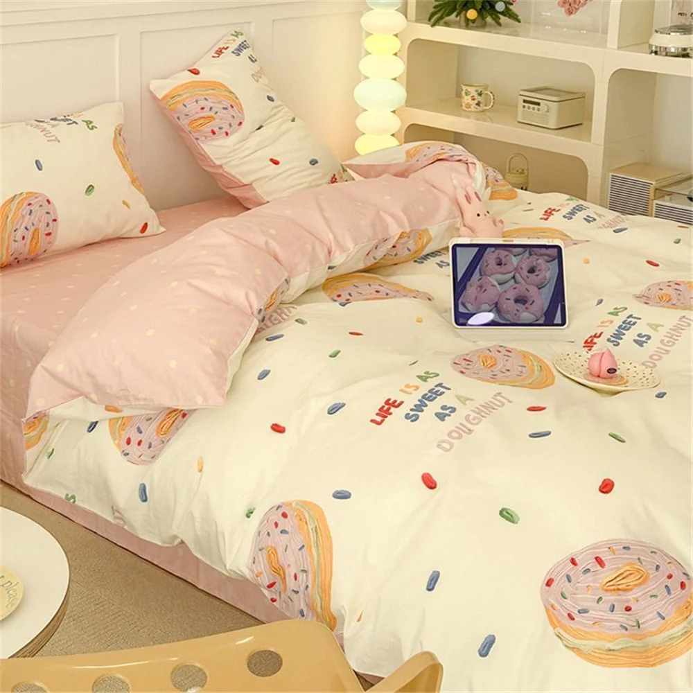 

Lovely Girls Pink Donuts Duvet Cover Sets With Pillowcase Flat Sheet Kids Boys Full Queen Twin Size Fashion Floral Bedding Decor