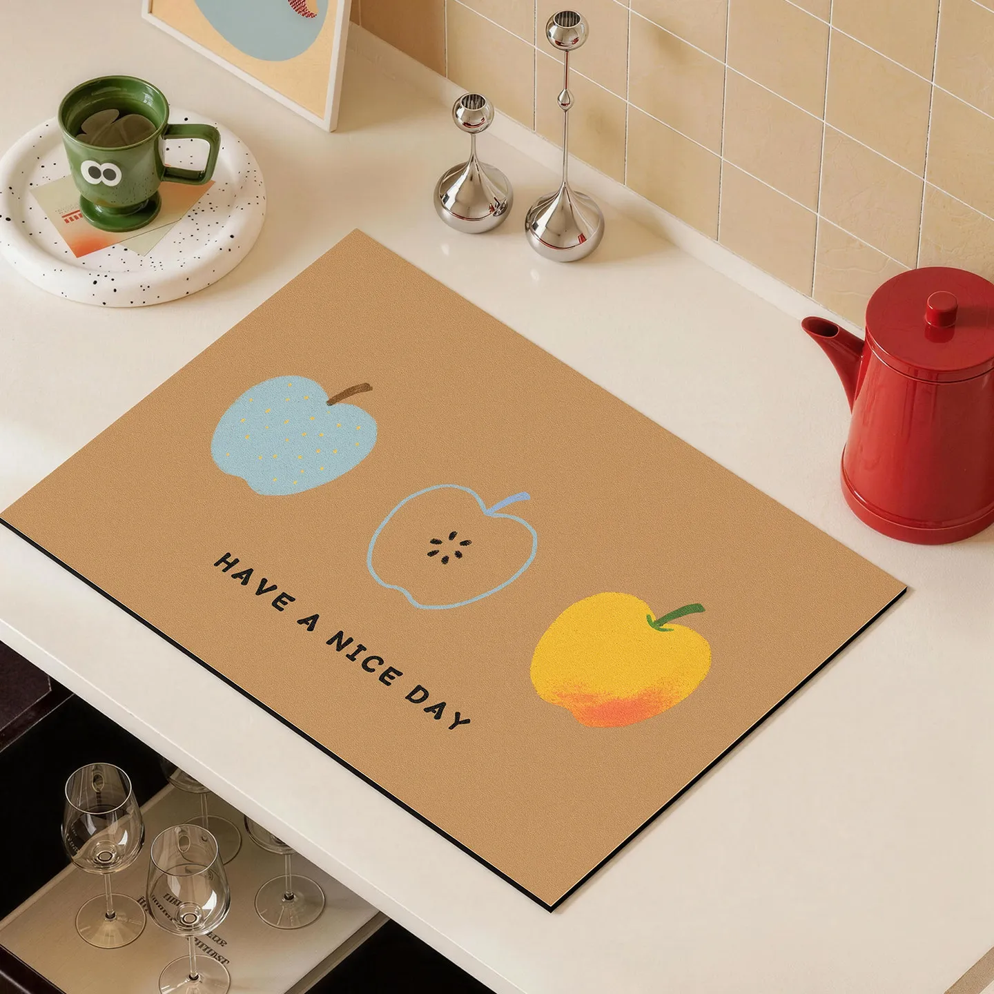 VIKAMA Cute Apple Graphic Dish Drying Mat Absorbent Heatproof Non Slip Kitchen Counter Coffee Machine Home Draining Decor Mat