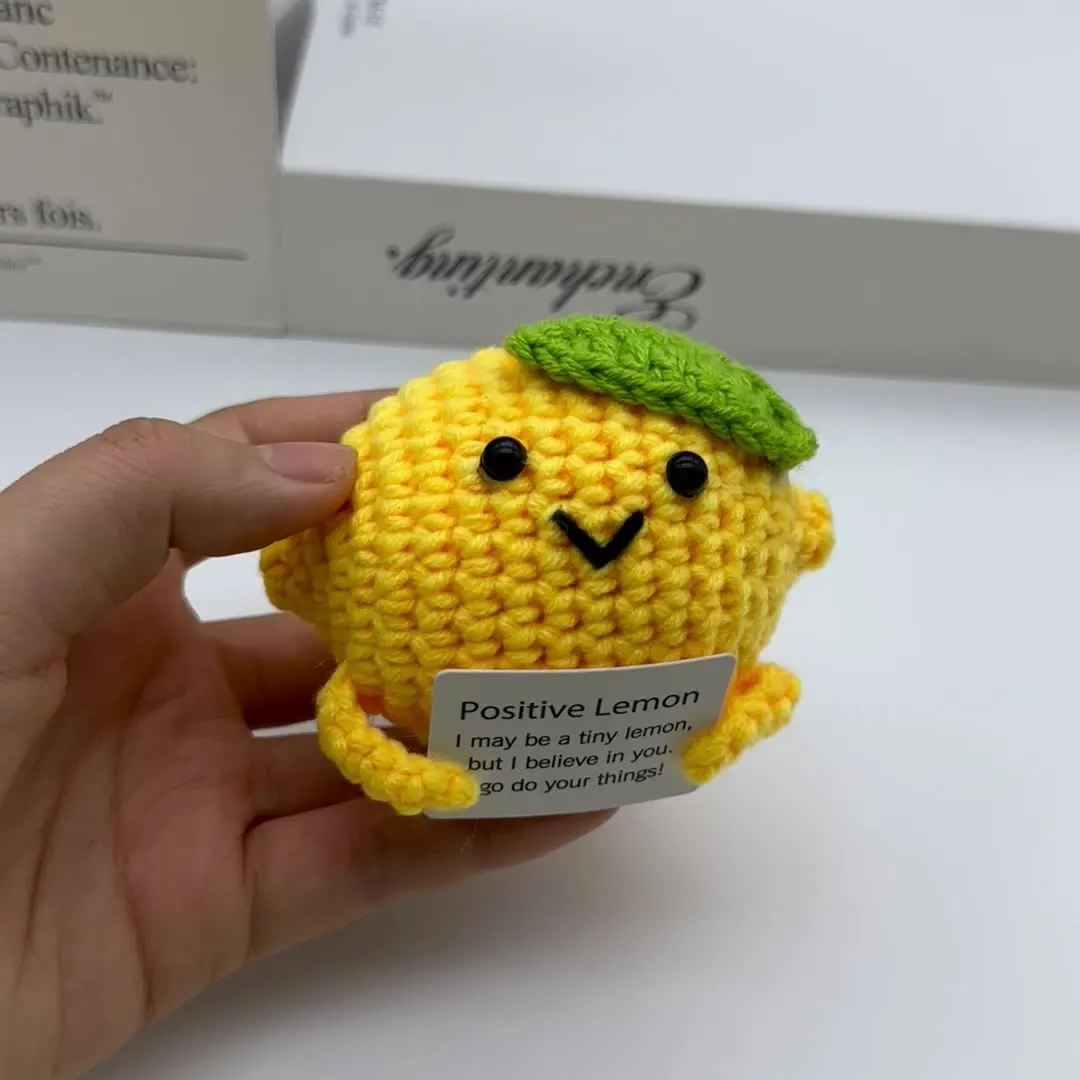 Cute Knitted Lemon Doll with Emotional Encouragement Card Cheer up Dolls Handmade Crochet Positive Lemon Desktop Ornament Gift