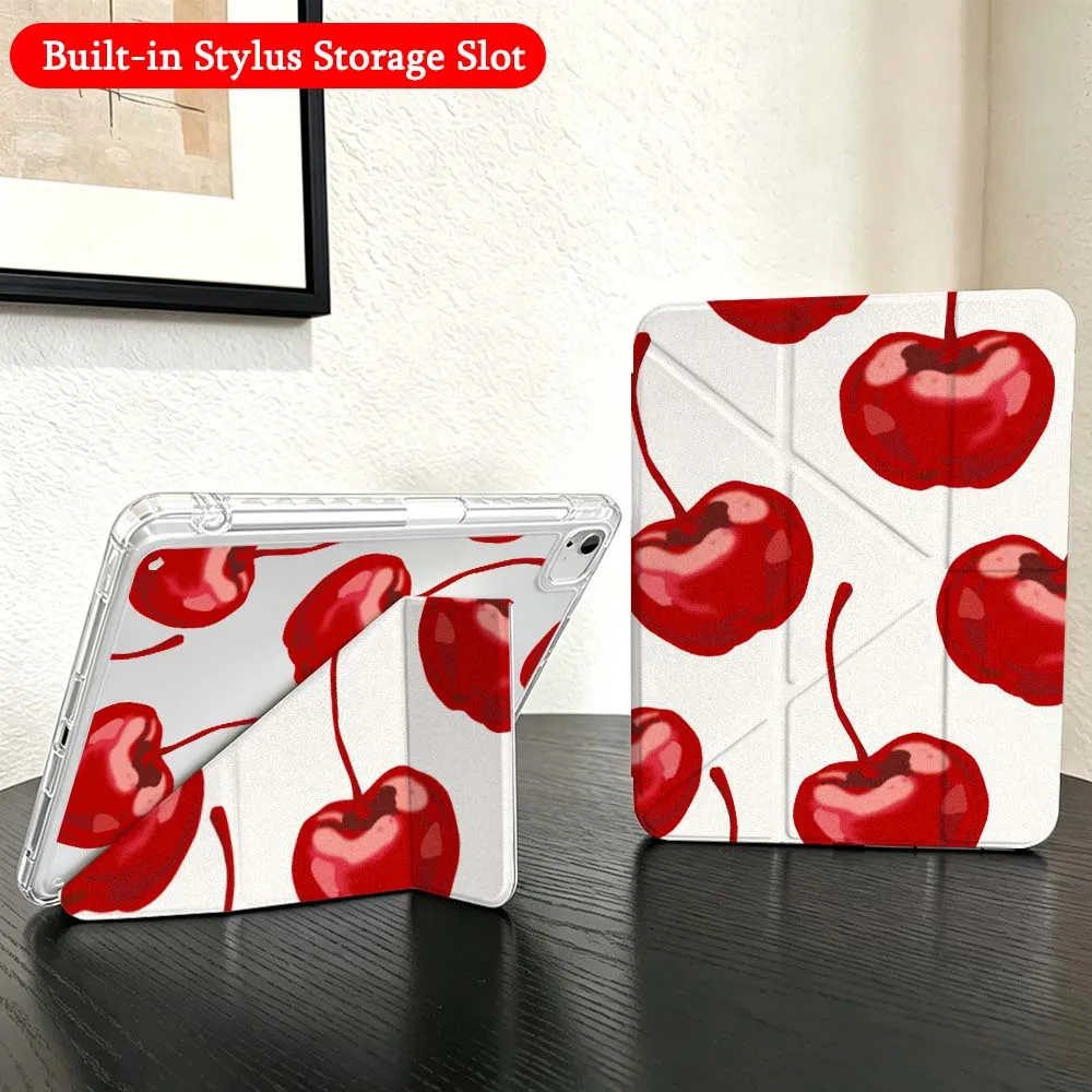Red Cherry Pattern Case For iPad Mini Pro Air 5 6 7 8 9 10th 11th 11 9.7 10.9 13 inch Transparent Y-Shaped Folding Tablet