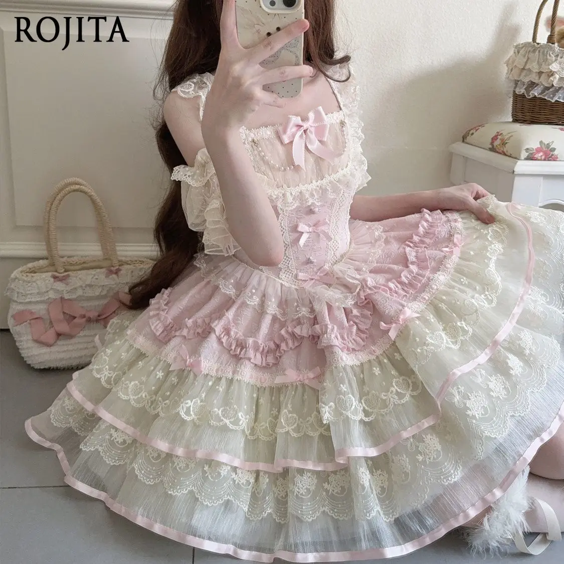 

Original Design Lace Patchwork Lolita Dress Ballet Doll Style JSK Strap Dress Sweet Lolita Pink Sleeveless Dress