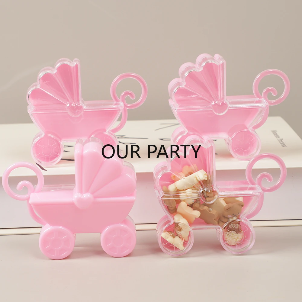 4Pcs Cute Baby Carriage scatola di caramelle di plastica Gender Reveal Theme scatole di imballaggio regalo per bambini compleanno Baby Shower Party