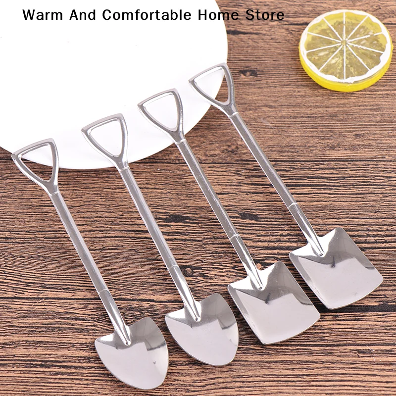 【SE】4pcs Stainless Steel Square Spade Spade Fork Pointed Shovel Said Dessert Cake Fork Spoon Fruits Kitchen Tableware Set