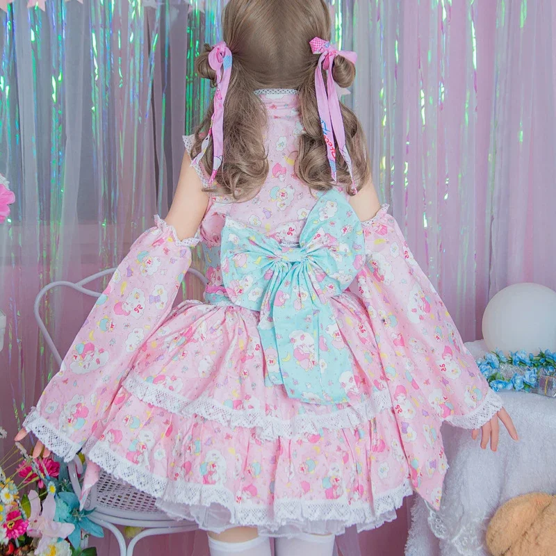 Disfraz de Lolita rosa para mujer, conjunto completo de Kimono con estampado de dibujos animados Kawaii, vestido de niña dulce para carnaval y Navidad