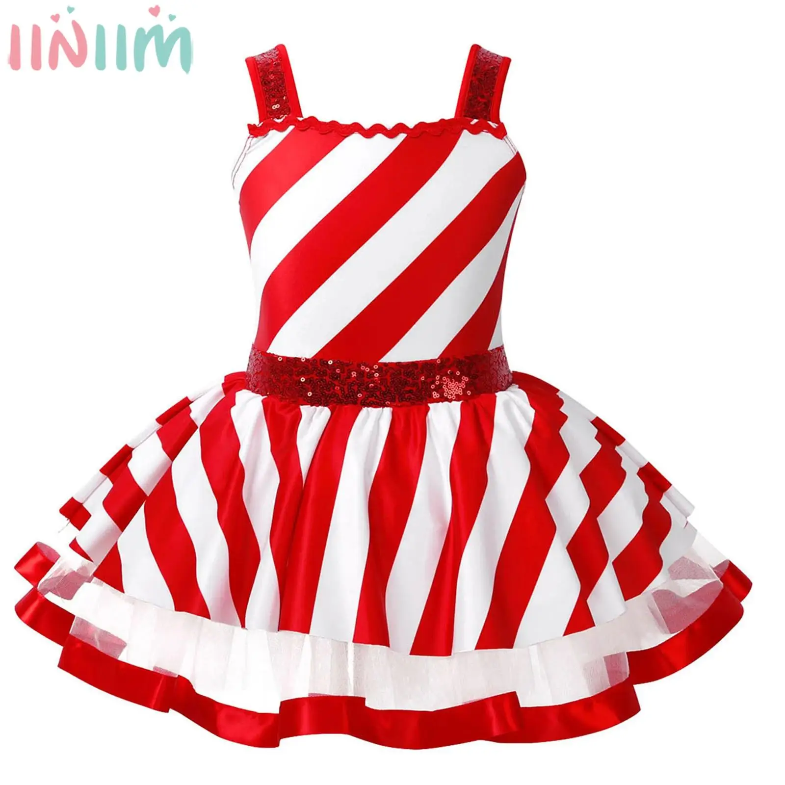 Kids Girls Christmas Party Dance Dress Candy Cane Striped Sequins Ballet Skating Gymnastics Leotard Tutu Carnival Circus Costume
