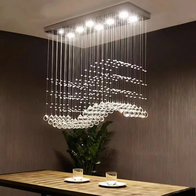 

2026 Wave Rectangular Crystal Chandelier Simple Living Room LED Hall Bar Light Partition Light Dining Hanging Lamp