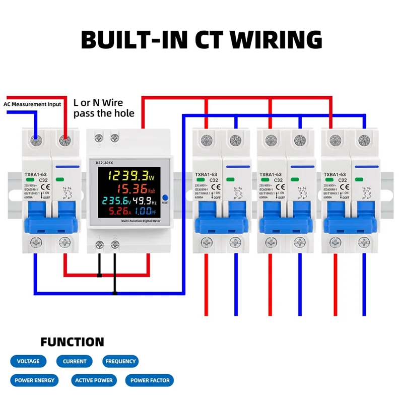 

A15F-1 Piece Digital Single Phase AC 40-300V 100A Din Rail 6 In 1 Voltmeter (External CT)