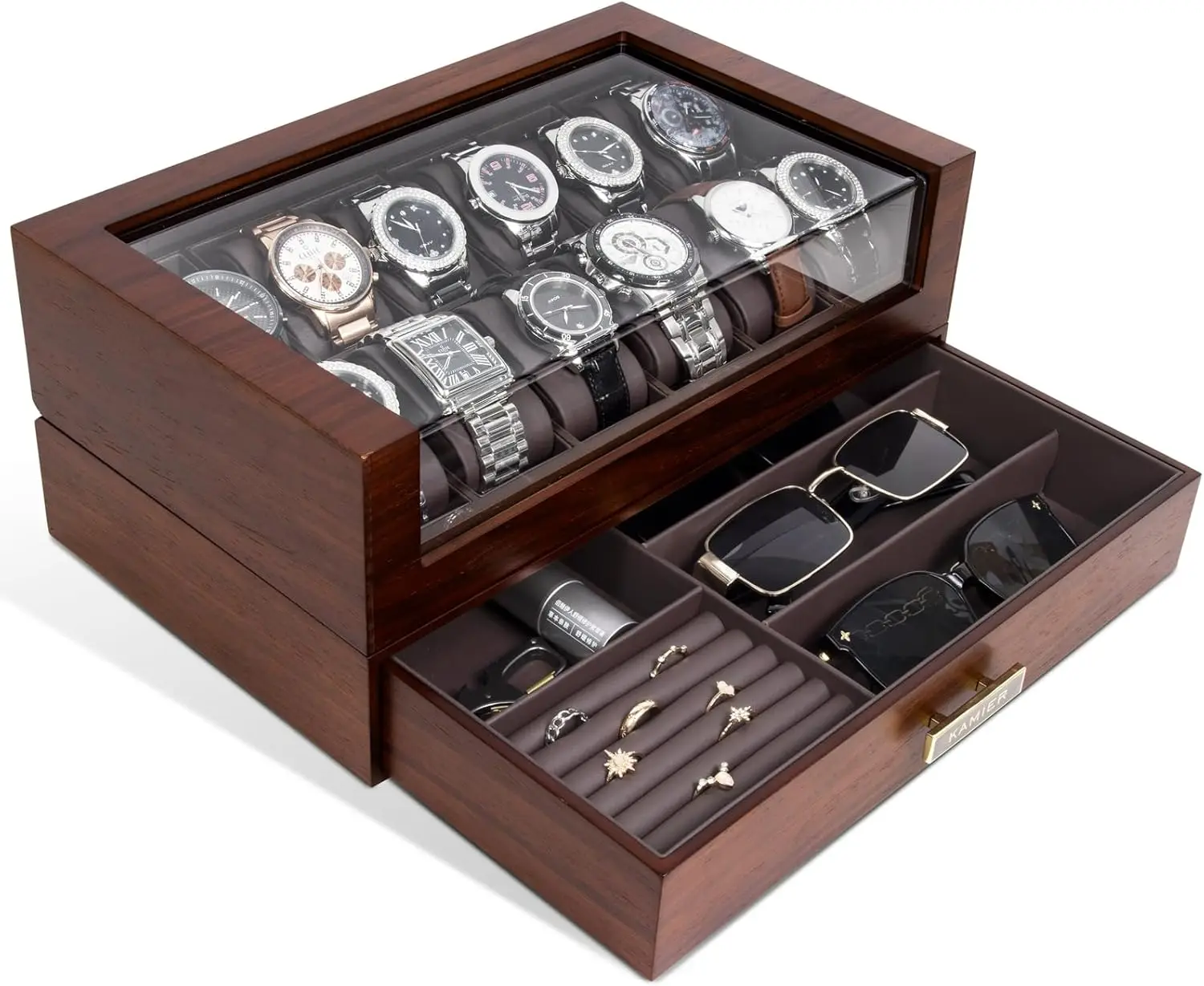 Estuche de Madera para 12 Relojes con Tapa de Cristal y Cajón, Almacenamiento de Lujo para Relojes y Joyas, Regalo Ideal
