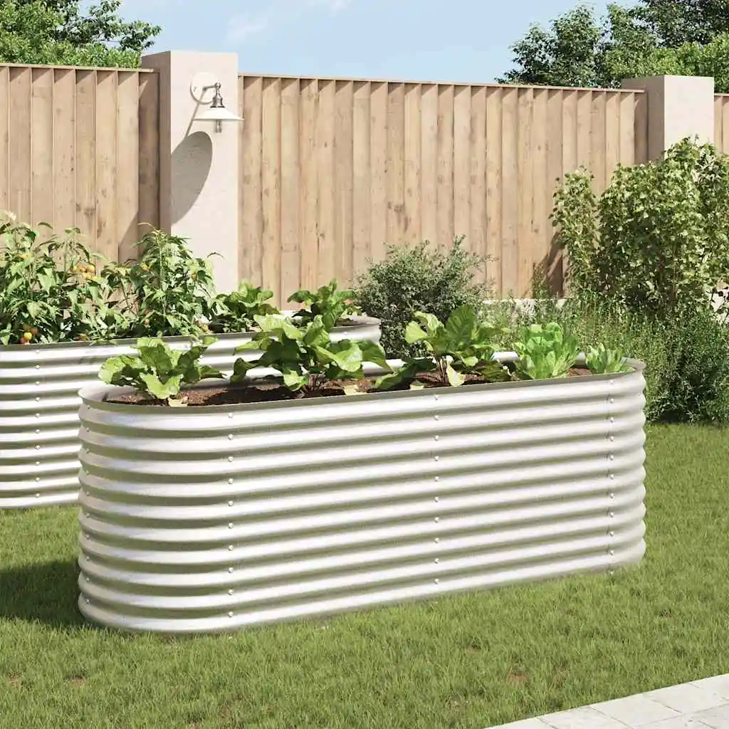 Hochbeet-Gartenbett 240 x 80 x 81 cm aus silberfarbenem verzinktem Stahl. Außendekoration, Anbautöpfe, Gartendekoration