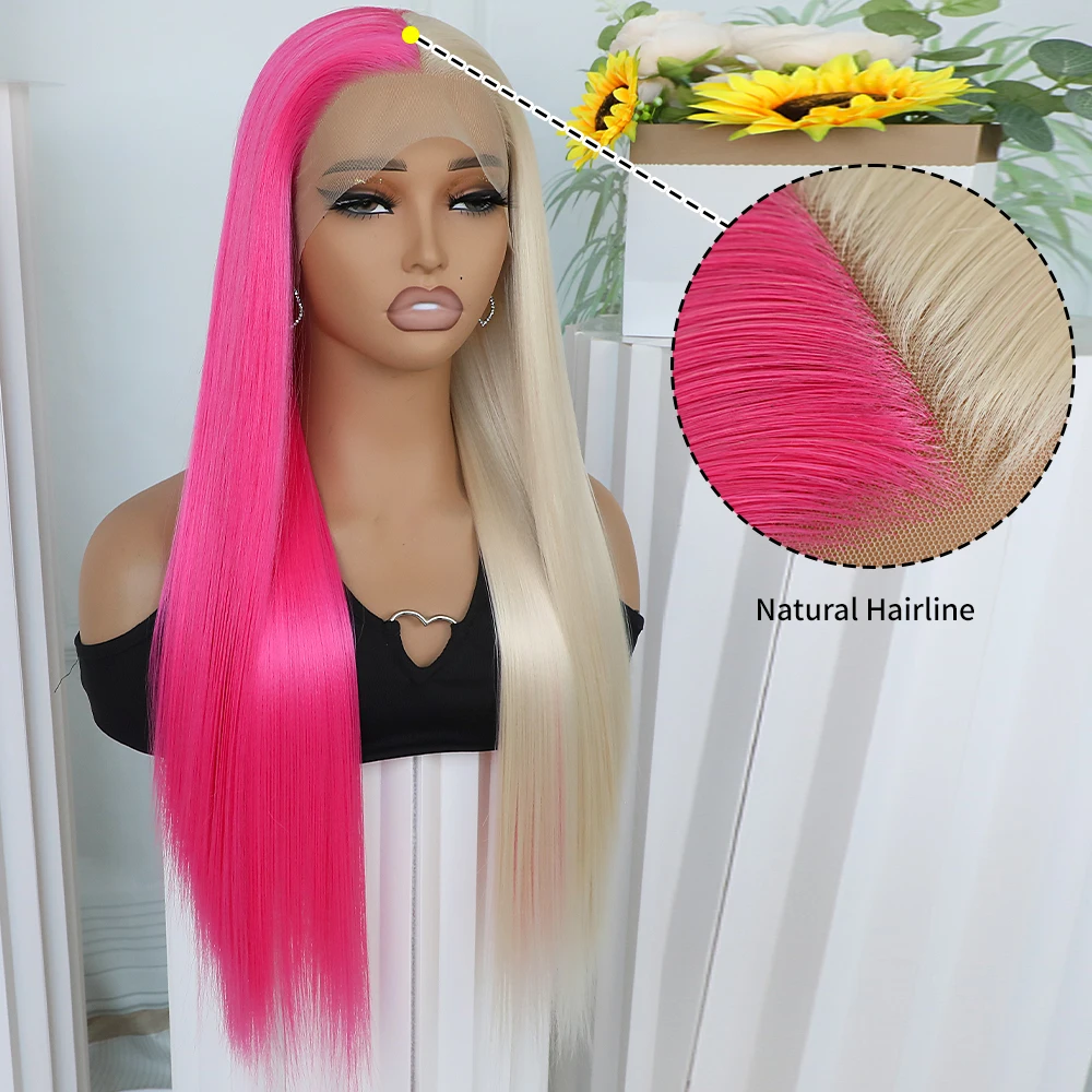 Half Pink and Half Blonde Synthetic Lace Front Wigs Long Straight Wigs for Women Heat Resistant Hair Light pink and ash Blonde