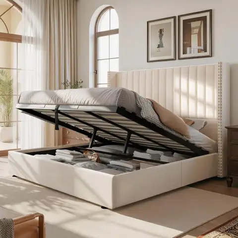 Upholstered King Size Lift up Storage Bed Frame, Platform Bed Velvet with Channel Tufted Wingback Headboard, No Box Spring Need