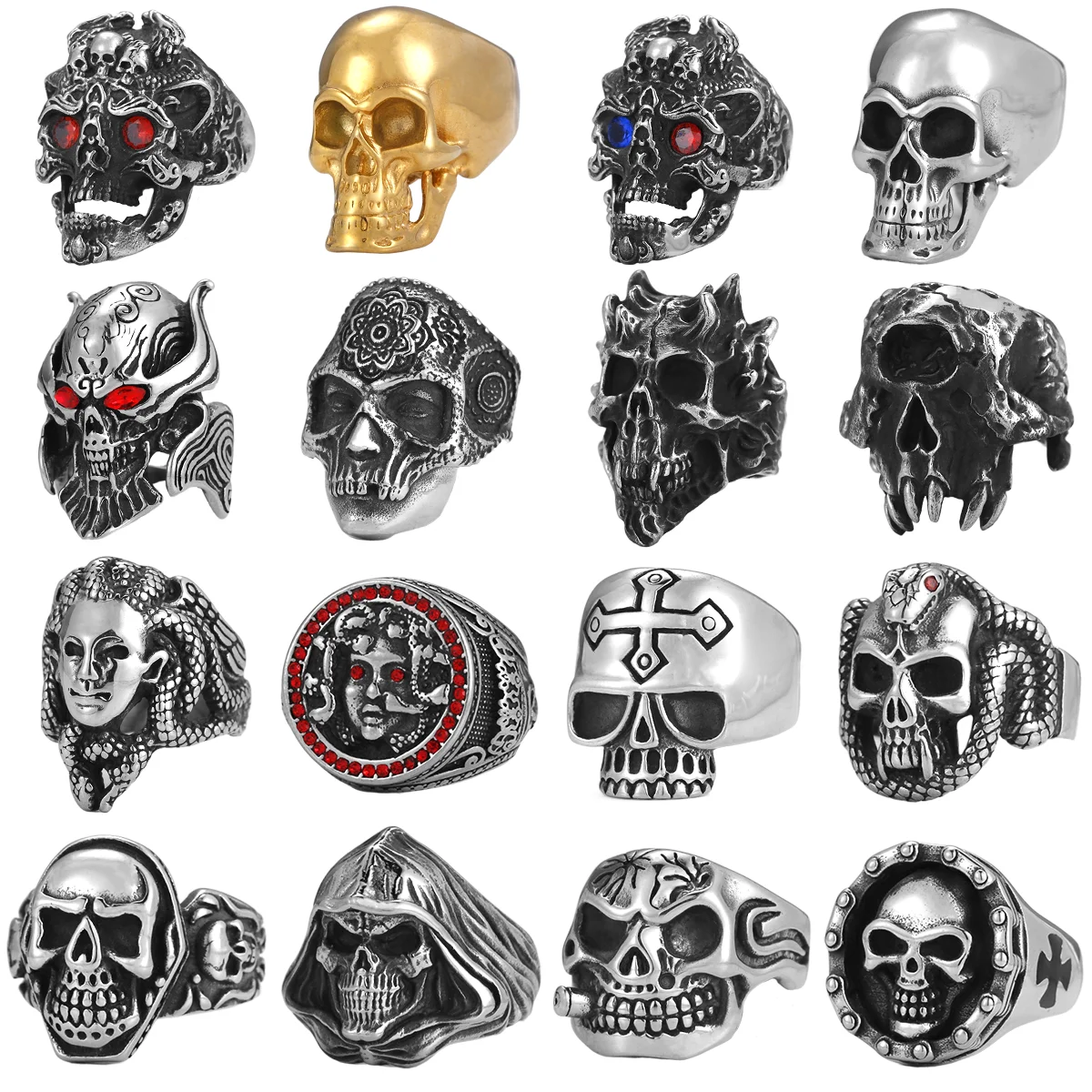 Gothic Punk Ring for Men Retro Skeleton Devil Male Woman Ring Skull Exaggeration Snake Captain Hip Hop Rock Jewelry