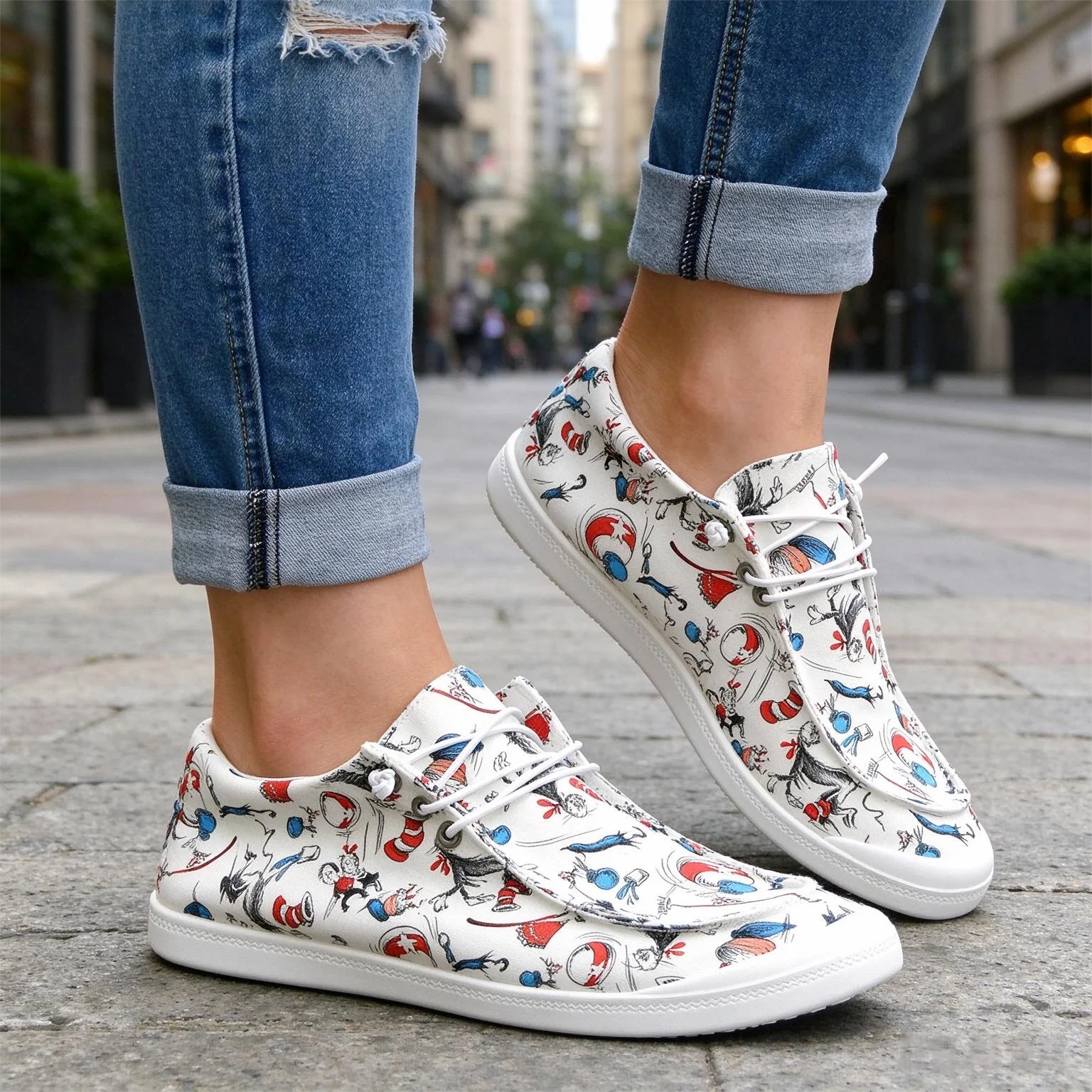 Women Cartoon Printed Canvas Sneakers Elastic No‑tie Lace‑up Flat Casual Shoes Ladies Lightweight Soft Sole Lazy Daily Walking Fashion Sneakers Female All‑Season Footwear