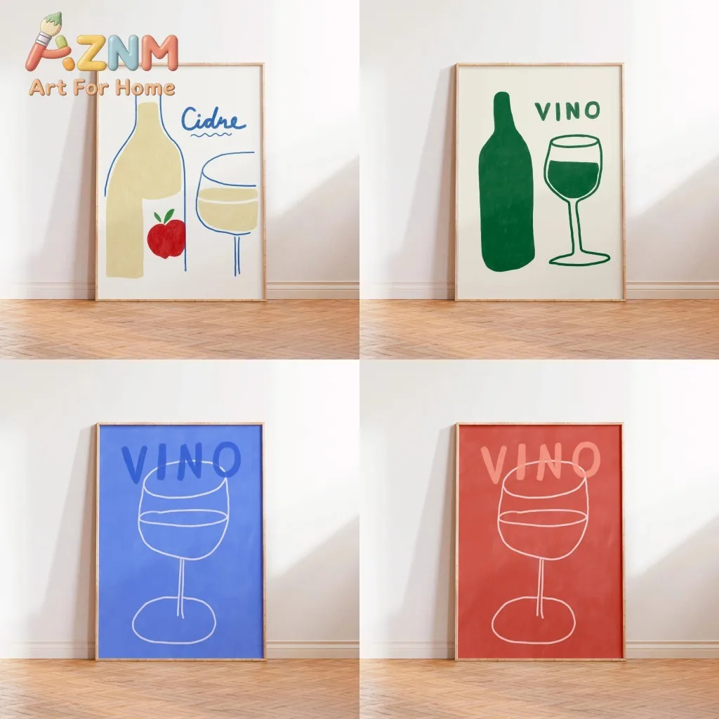 Trendy Minimalistic Wine Poster Eclectic Drinks Wall Art Print Cheers Drinks Cidre Vino Canvas Painting Home Bar Decor