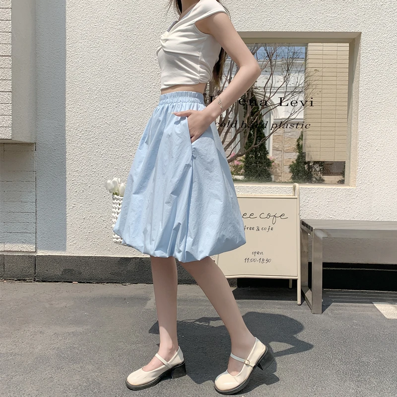 Blue Flower Bud Lantern Skirt Women's High Waist A-Line Fluffy  Skirt Summer New Style Slimming Cotton Polyester Blend