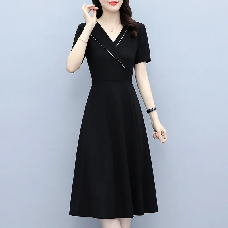 Elegant Cotton Polyester Dresses For Women Summer Female Suit Collar Short Sleeve Large Size 5XL Black A Line Mid-length Vestido