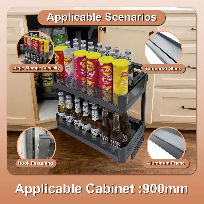 KR28KR27 Modern Built-in Cabinet Rotary Storage Rack Semi-Magic Glass Kitchen Pull-out Basket for Dishes and Pots