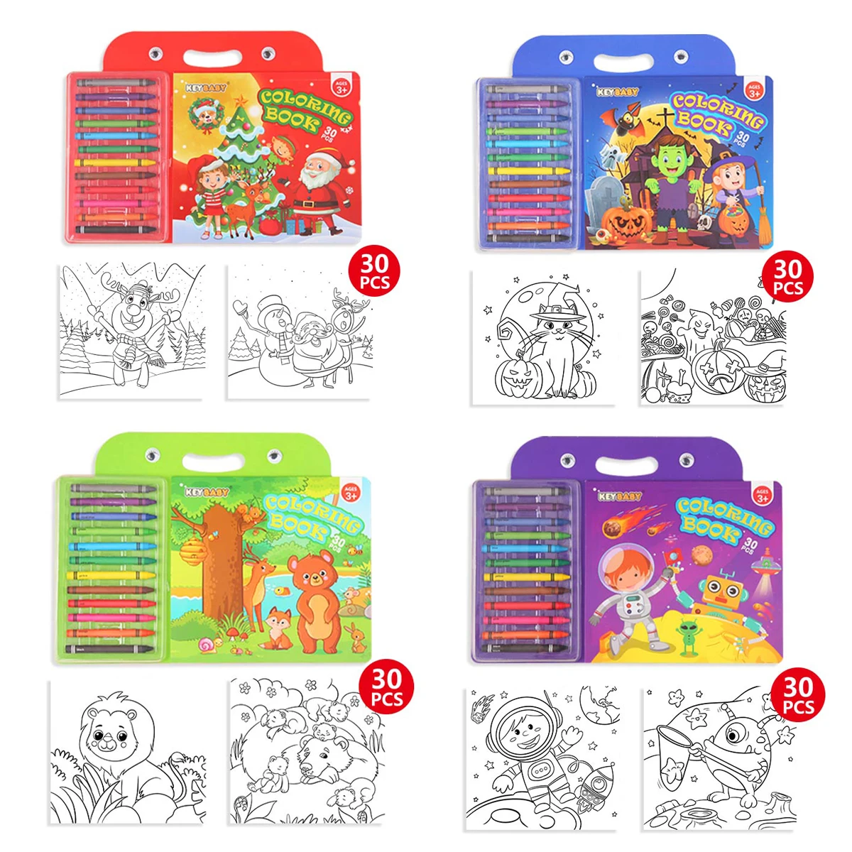 مجموعة كتب تلوين للأطفال مكونة من 30 صفحة مع قلم تلوين ملون لعيد الميلاد/الهالوين/الحيوان/إصدار الفضاء
