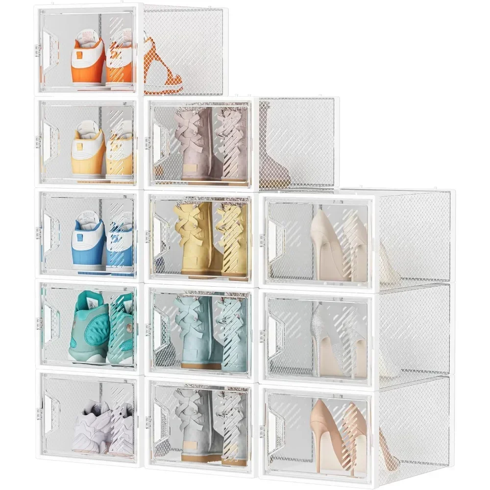 Shoe Storage, 12 Pack X-Large Shoes Organizer for Closet, Shoe Boxes Clear Plastic Stackable Shoes Storage Boxes for Size