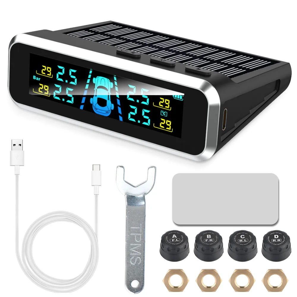 Bandenspanningscontrolesysteem Temperatuurwaarschuwing Nieuwe C Externe batterijversie Sensoren Solar TPMS Autobandenspanningsmonitor - afbeelding 1