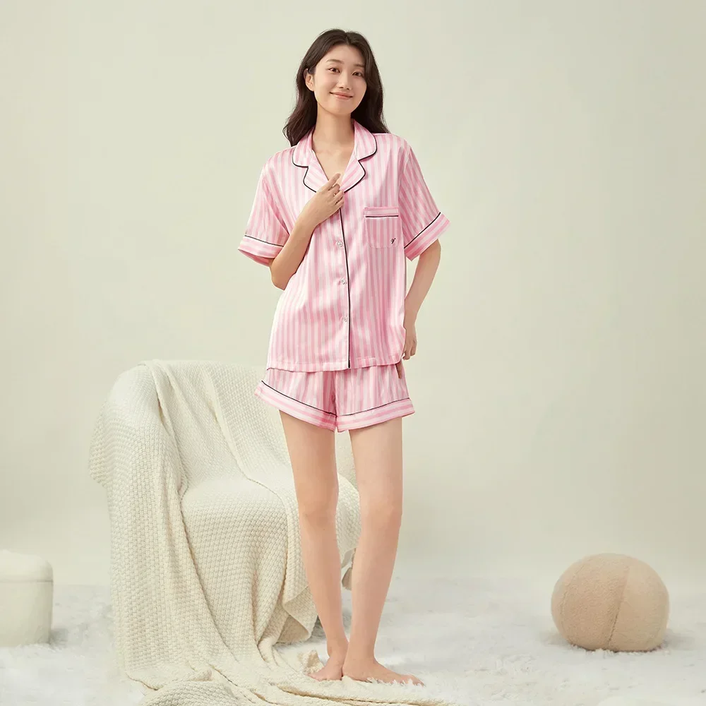 Secret The same lapel striped jacquard pajamas for women's short-sleeved shorts Ice silk suit loungewear