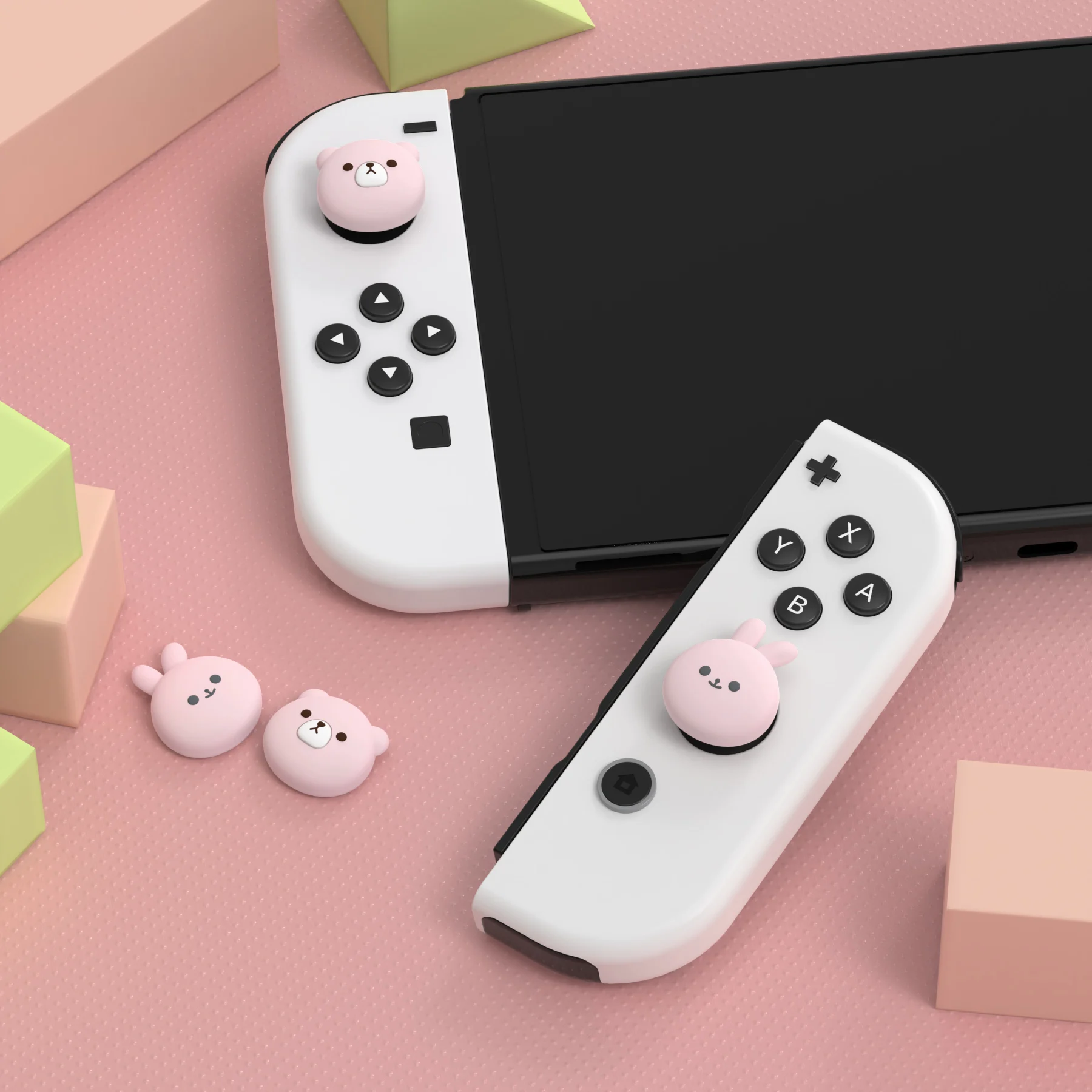 Nintendo Switch 및 Switch Lite용 PlayVital 조이스틱 캡, Switch OLED 조이콘용 엄지 그립 - Chubby Bear & Smiley Bunny