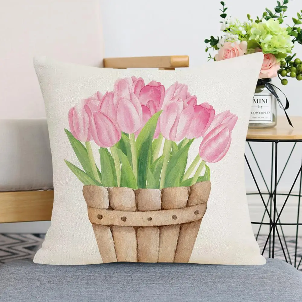 Floral Cushion Cover Tulip Flowers Throw Pillowcase Cushion Cover Zipper Closure Wear Resistant Fabric Easy Maintenance for Room