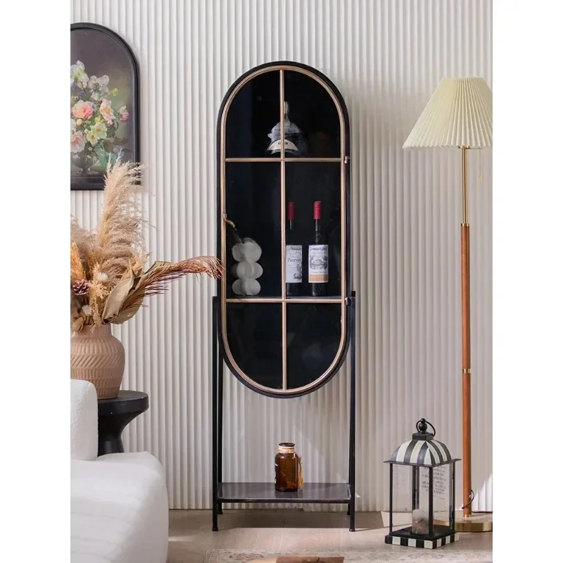 American Retro Glass Wine Cabinet Living Room Wall Oval Curio Cabinet Floor Display Cabinet