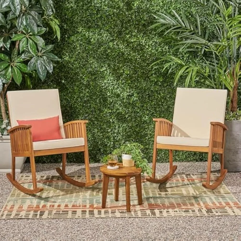 Outdoor Acacia Wood 2 Seater Rocking Chairs and Side Table Set, 24.75 