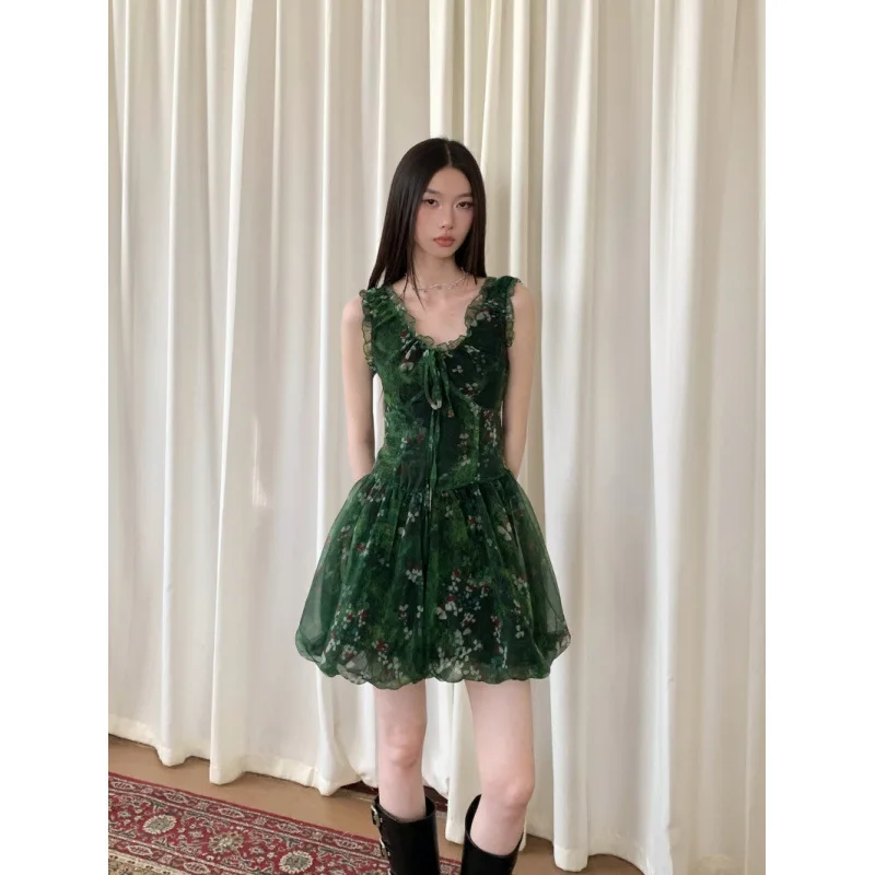 Retro V-ausschnitt Floral Rüschen Krawatte Leibchen Ärmelloses Grün Chiffon Puff Kleid Für Frauen Sommer Schlank Mori Mädchen Fee A-linie Kleid