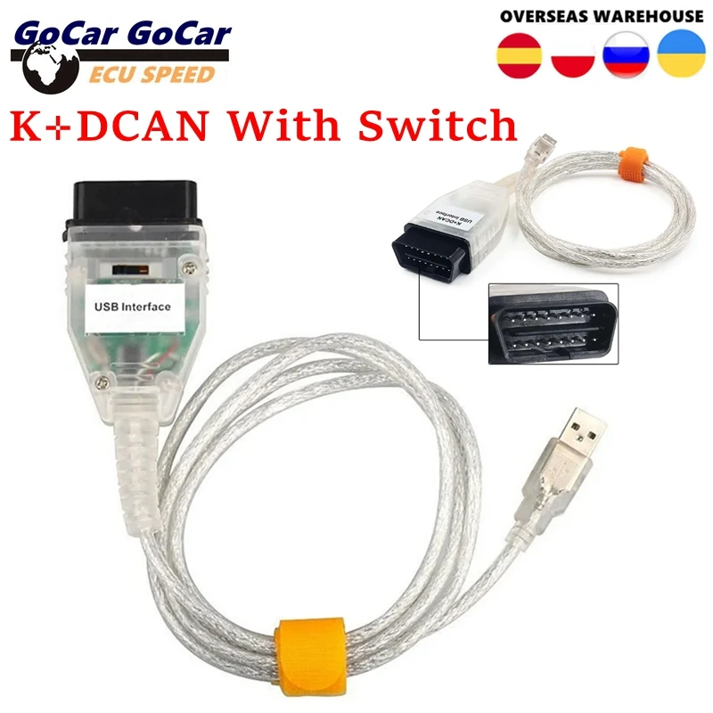 K DCAN Programmierkabel für BMW OBD2 USB-Schnittstelle mit K+DCAN-Schalter, FTDI FT232RL Chip, OBDII Diagnosekabel