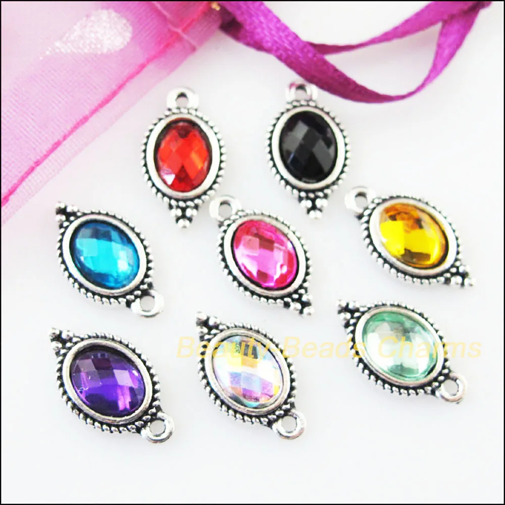 16Pcs Mixed Retro Tibetan Silver Plated Acrylic Oval Charms Pendants 9x16.5mm