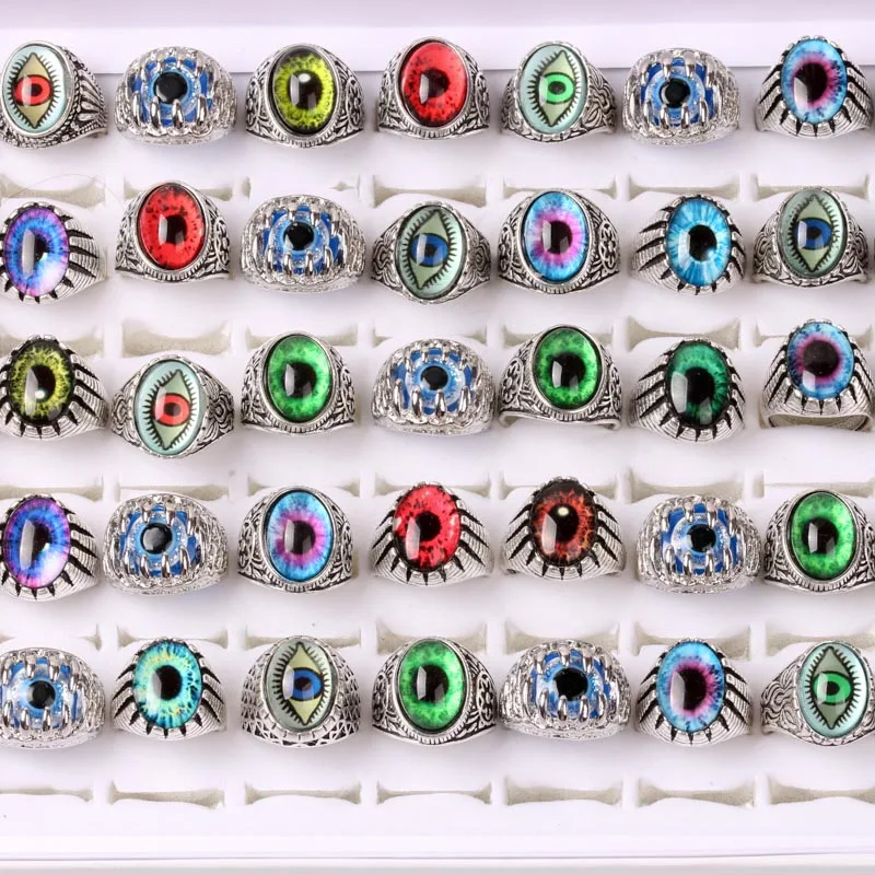 New Sparking 50pcs/lot Mixed Eye Ring Unique Design Evil Eye Silver Plated Tone Ring Vintage Men Women Punk Jewelry