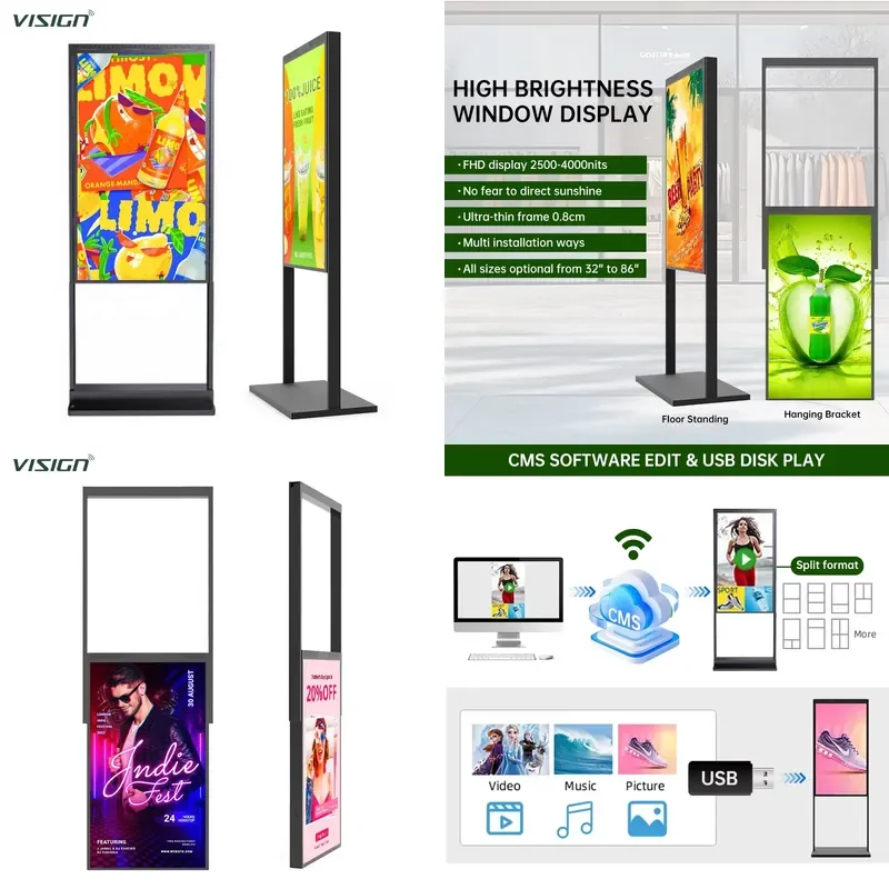 for 43 55 65 Inch High Brightness Window LCD Display 2500nits 4K Digital Signage Sunlight Visible Advertising Screen Factory