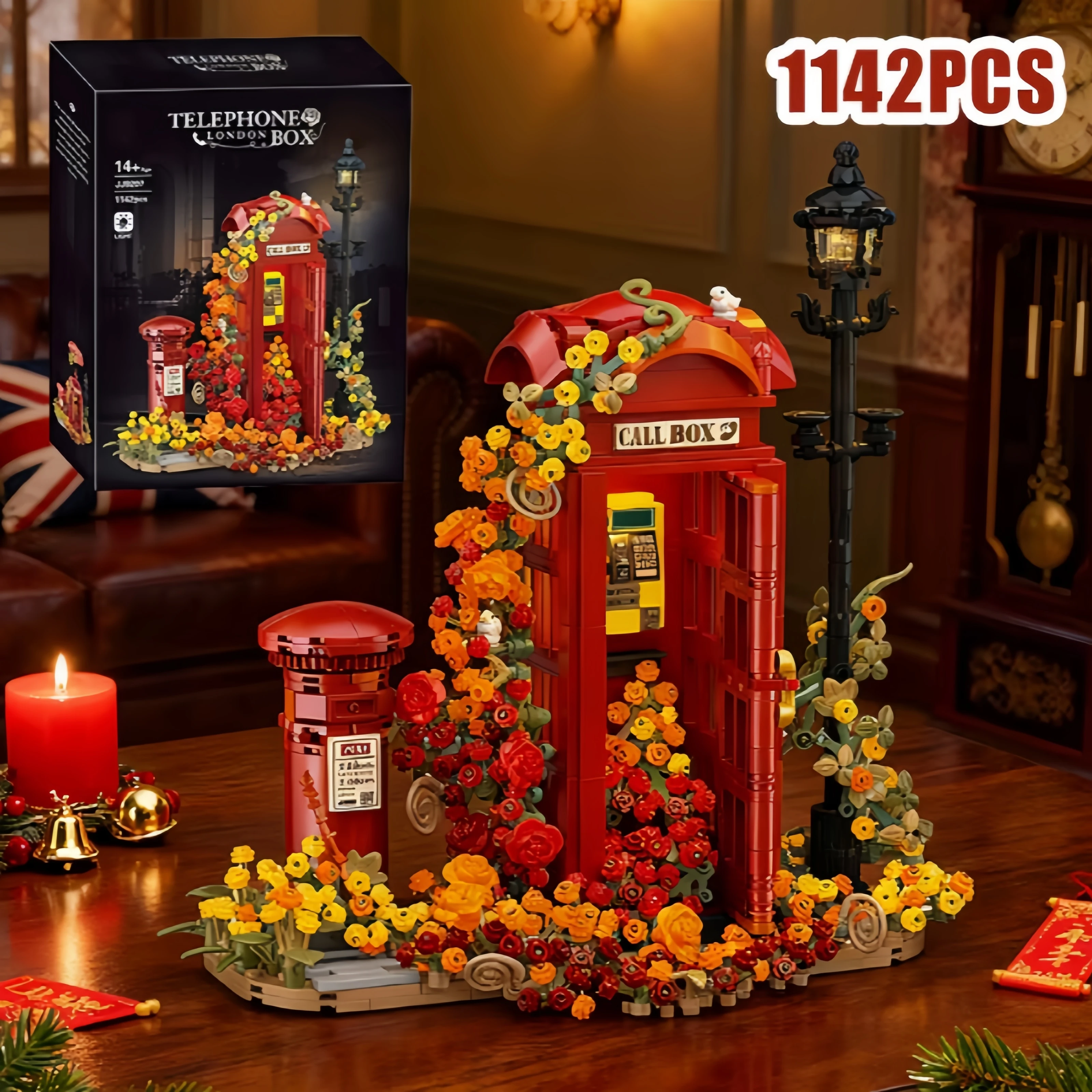 

Creative Vintage Telephone Booth With Eternal Flower Building Blocks City Classic Call Box DIY Bricks Toys Girl Valentine Gift