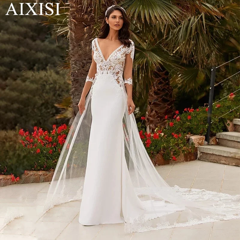 Robe De mariée pour femmes, col en v, manches mi-longues, dos nu