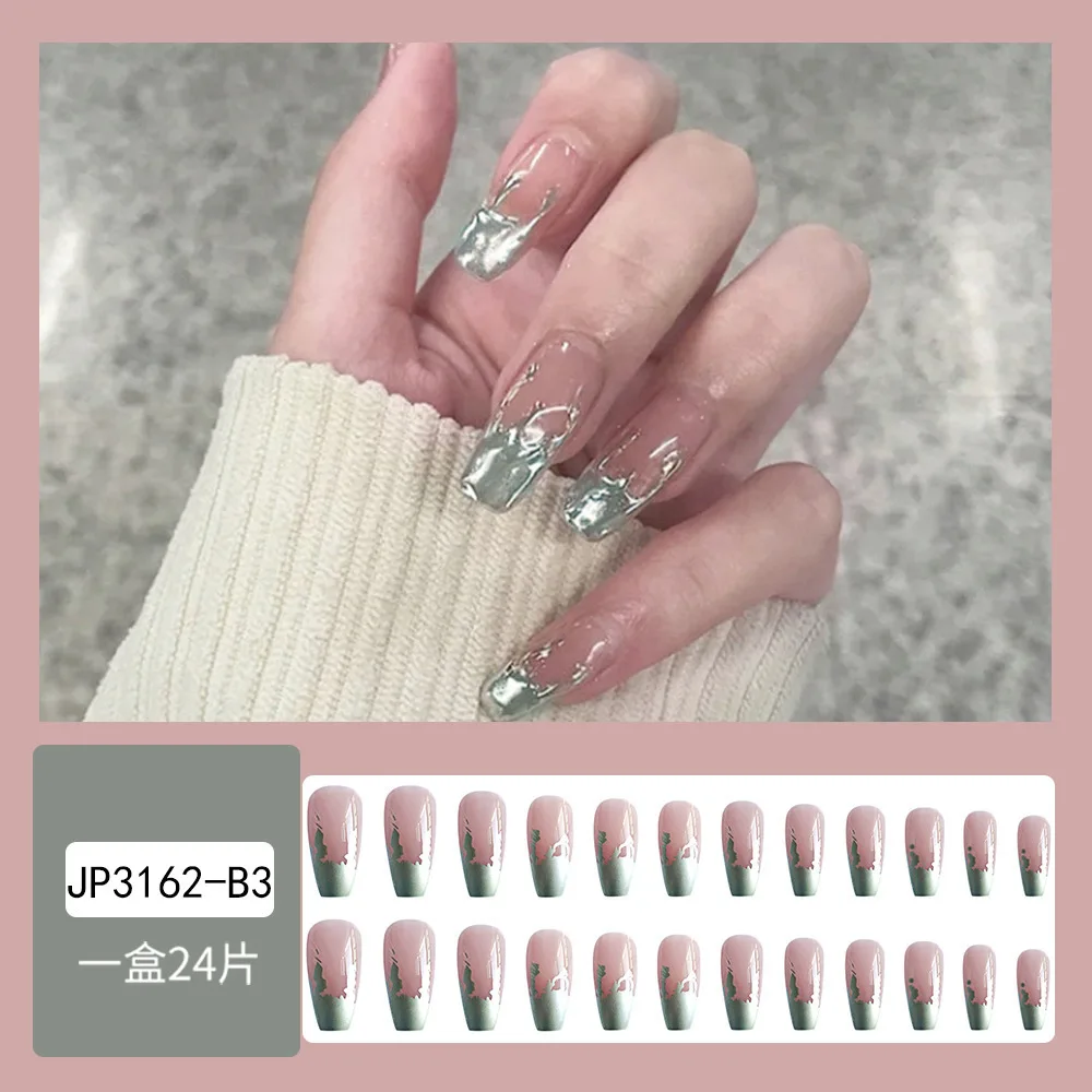 24Pcs Press On Nail French Fake Nails With Tools Extra Long Ballet Nails Gradient Color Pattern New Style Finished Fingernail